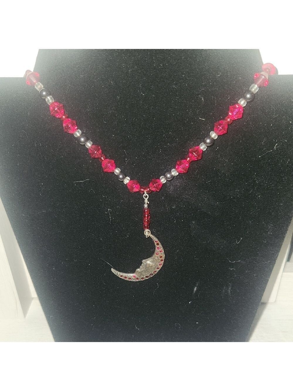 Elegant Red and Silver Handmade Beaded Moon Necklace